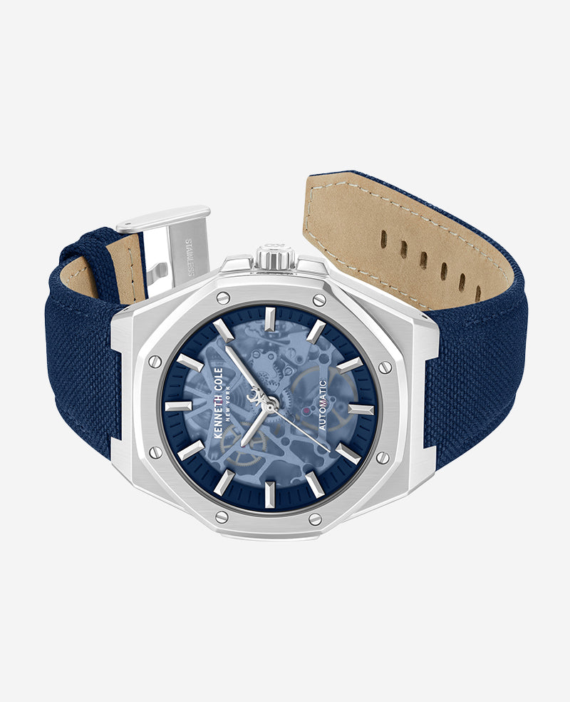 Skeleton Automatic Blue Dial Nylon Strap Watch | Kenneth Cole SILVER