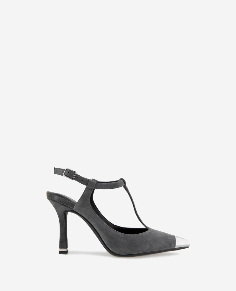 Shop Romi T-Strap Suede Heels, Grey Pointed Pumps | KC | Kenneth Cole CHARCOLE SUEDE