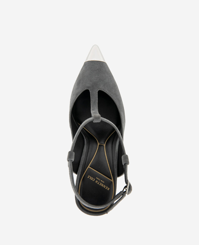 Shop Romi T-Strap Suede Heels, Grey Pointed Pumps | KC | Kenneth Cole CHARCOLE SUEDE