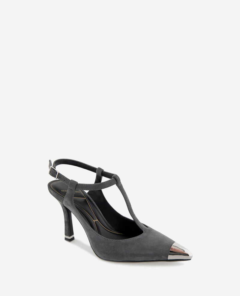 Shop Romi T-Strap Suede Heels, Grey Pointed Pumps | KC | Kenneth Cole CHARCOLE SUEDE