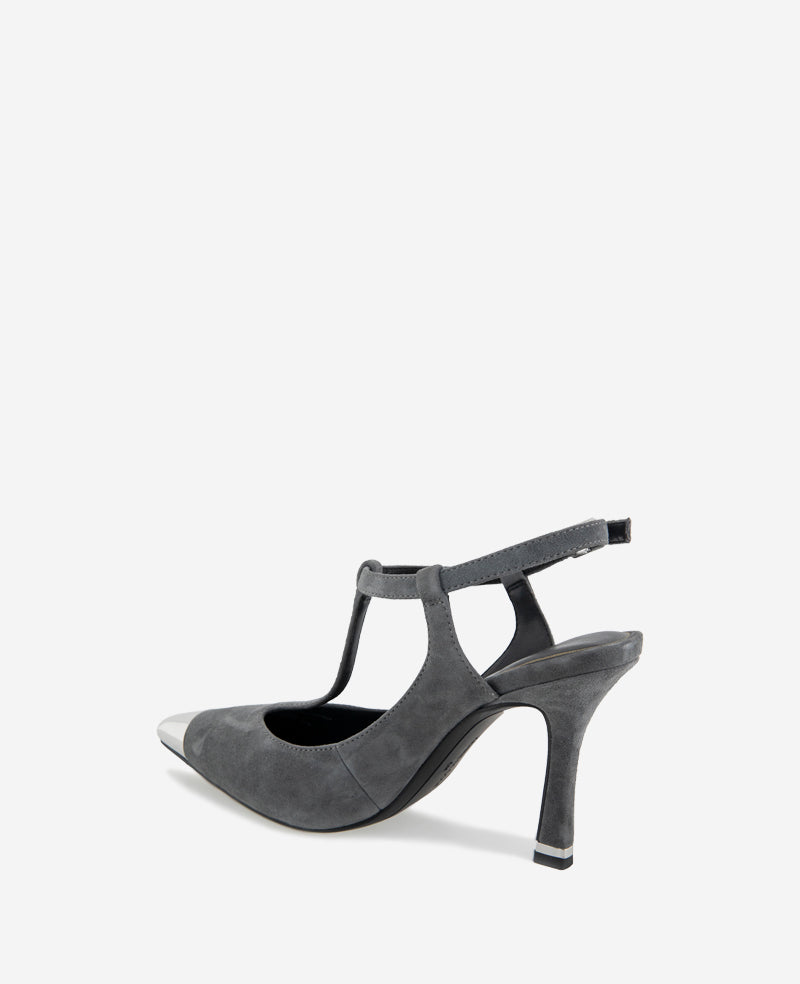 Shop Romi T-Strap Suede Heels, Grey Pointed Pumps | KC | Kenneth Cole CHARCOLE SUEDE
