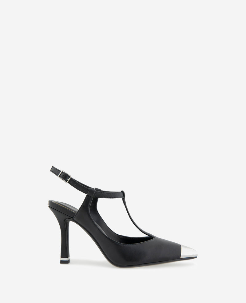 Romi T-Strap Heels – Silver Cap & Leather Style | KC | Kenneth Cole BLACK LEATHER