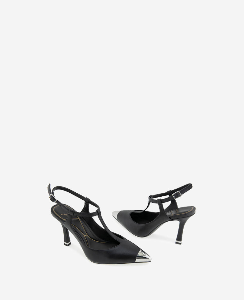 Romi T-Strap Heels – Silver Cap & Leather Style | KC | Kenneth Cole BLACK LEATHER