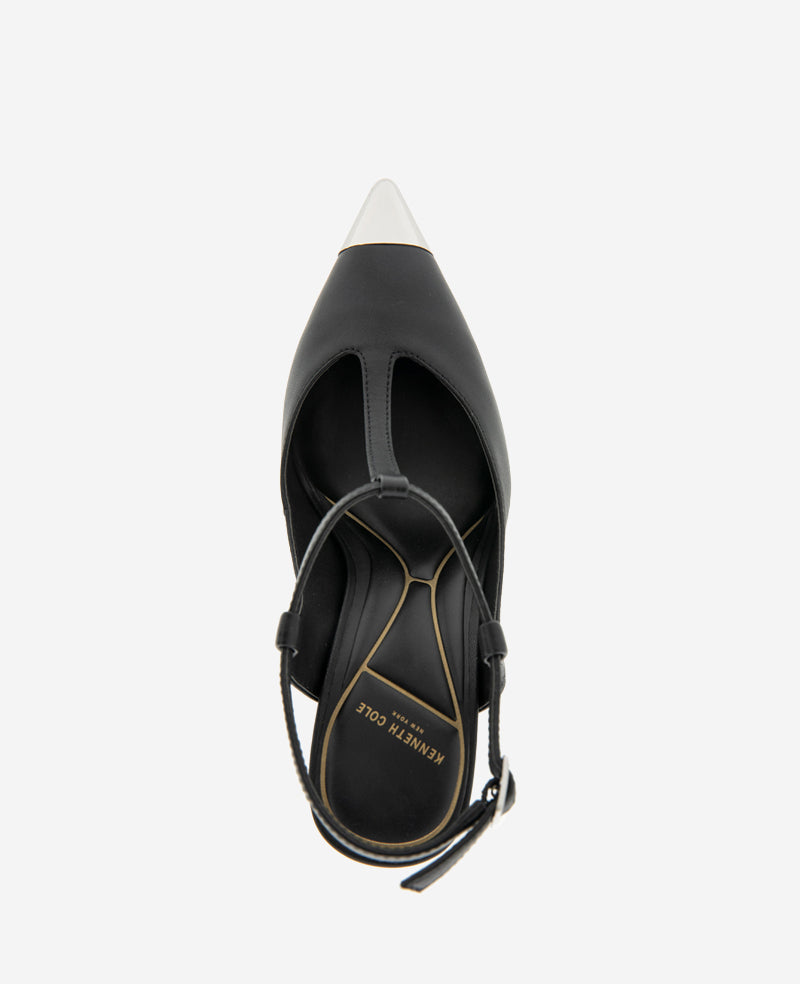 Romi T-Strap Heels – Silver Cap & Leather Style | KC | Kenneth Cole BLACK LEATHER