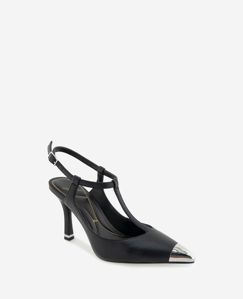Romi T-Strap Heels – Silver Cap & Leather Style | KC | Kenneth Cole BLACK LEATHER