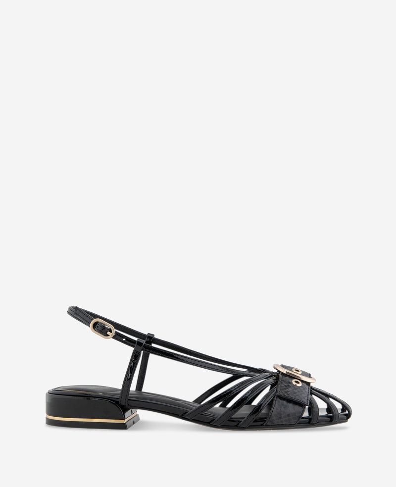 Farrah Black Patent Caged Buckle Sandal | Kenneth Cole | Kenneth Cole BLACK PATENT