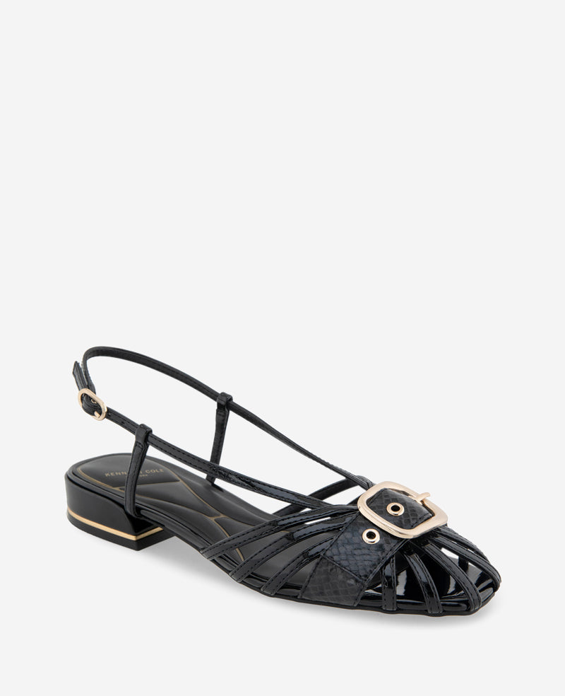 Farrah Black Patent Caged Buckle Sandal | Kenneth Cole | Kenneth Cole BLACK PATENT